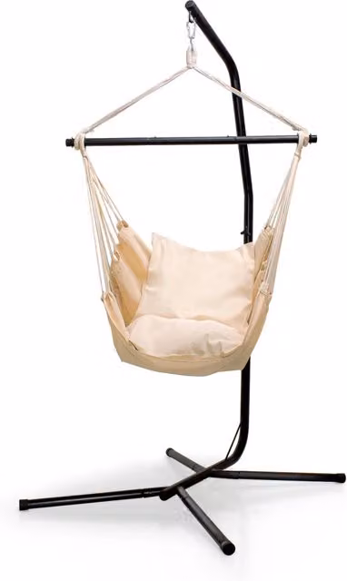 Sedia sospesa FrankyStar con stand in acciaio inossidabile e 2 cuscini, poltrona amaca boho per giardino e balcone, colori nero e beige, portata massima 120 kg