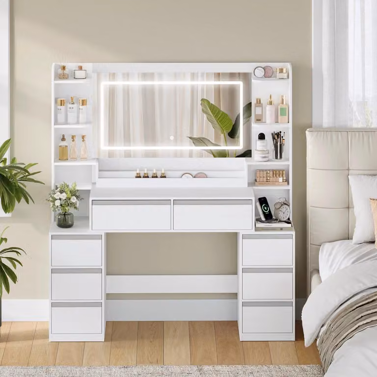 Comò da trucco - Bianco e argento - 145x135 cm - Con specchio - 8 cassetti - Design minimalista