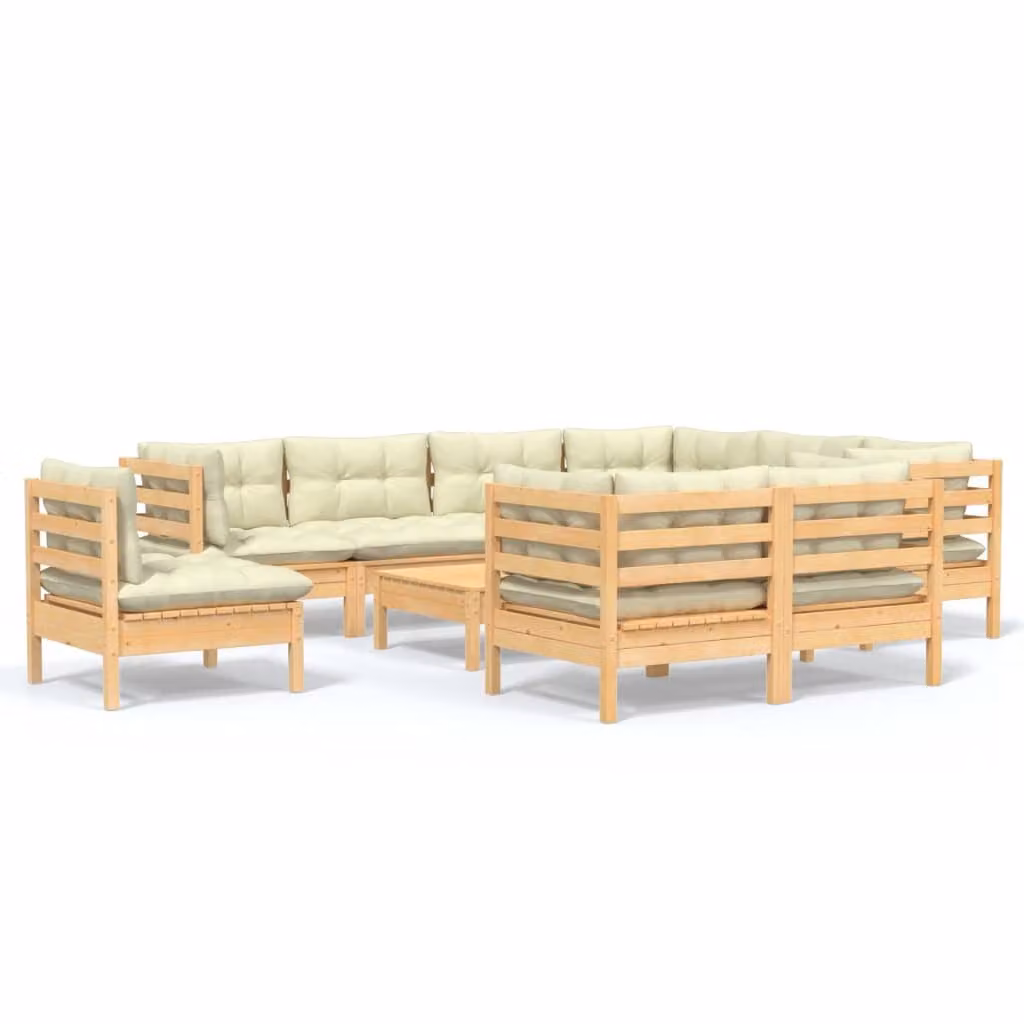 Set Divani da Giardino 10 pz con Cuscini Crema Massello di Pino