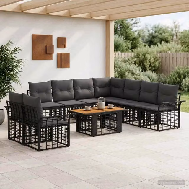Set Divano da Giardino 10 pz Nero e Grigio scuro polyrattan 3437991