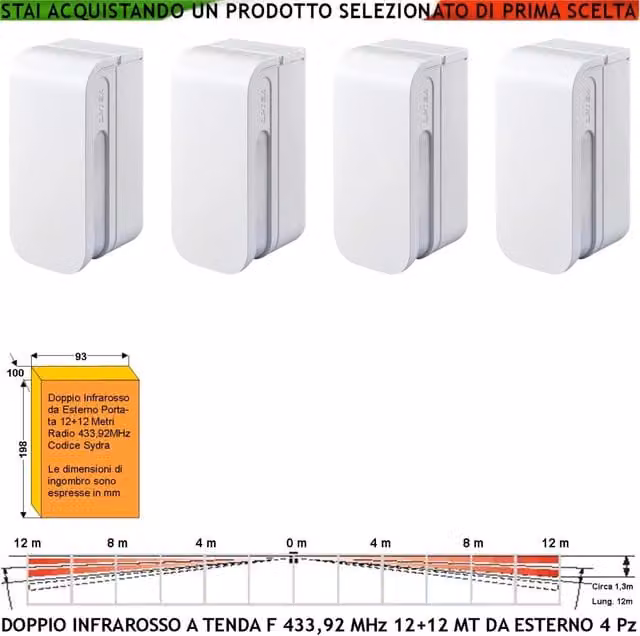 Set di 4 Sensori di Movimento Infrarossi a Tenda Securvera per Esterno, Rilevamento 12+12 Metri Lineari, Allarme Wireless 433,92 MHz con Protezione Anti Jamming e Comunicazione Bidirezionale, Certificazione IP55, Colore Bianco