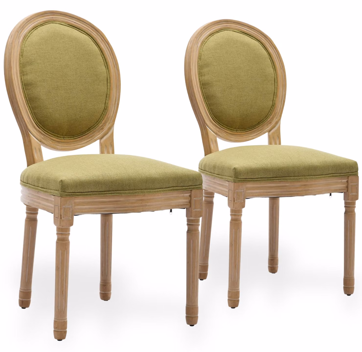 Set di 2 sedie da pranzo in lino, con schienale ovale e struttura in legno di gomma effetto anticato, color verde oliva