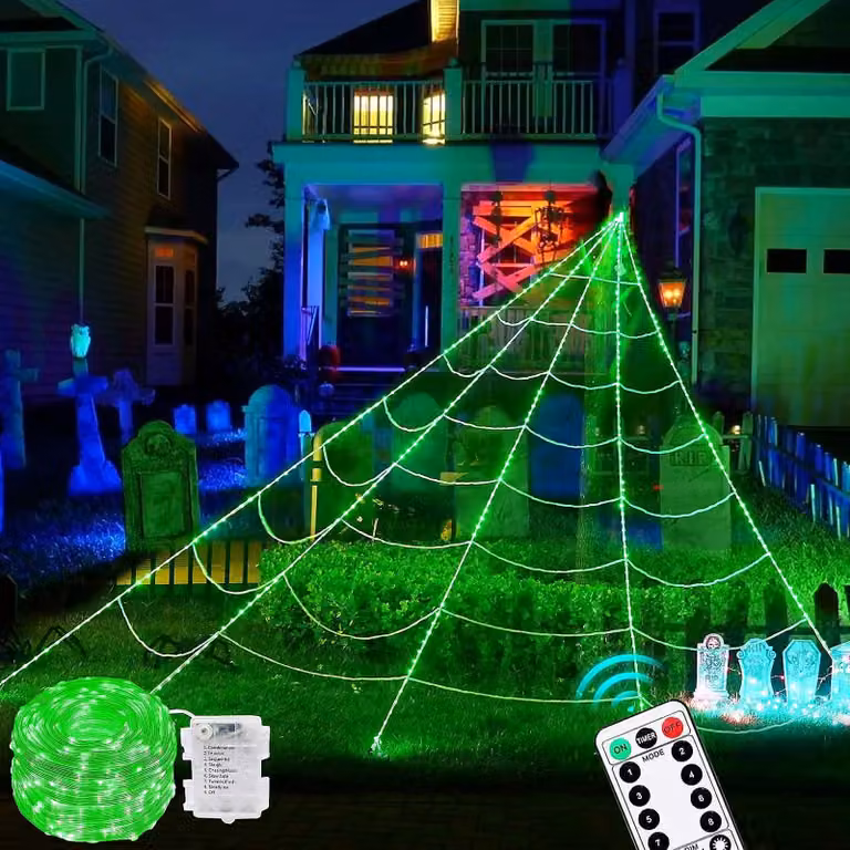 Rete luminosa a forma di ragnatela, con 390 LED, lunghezza 5 metri, catena di 26 metri, telecomando e timer