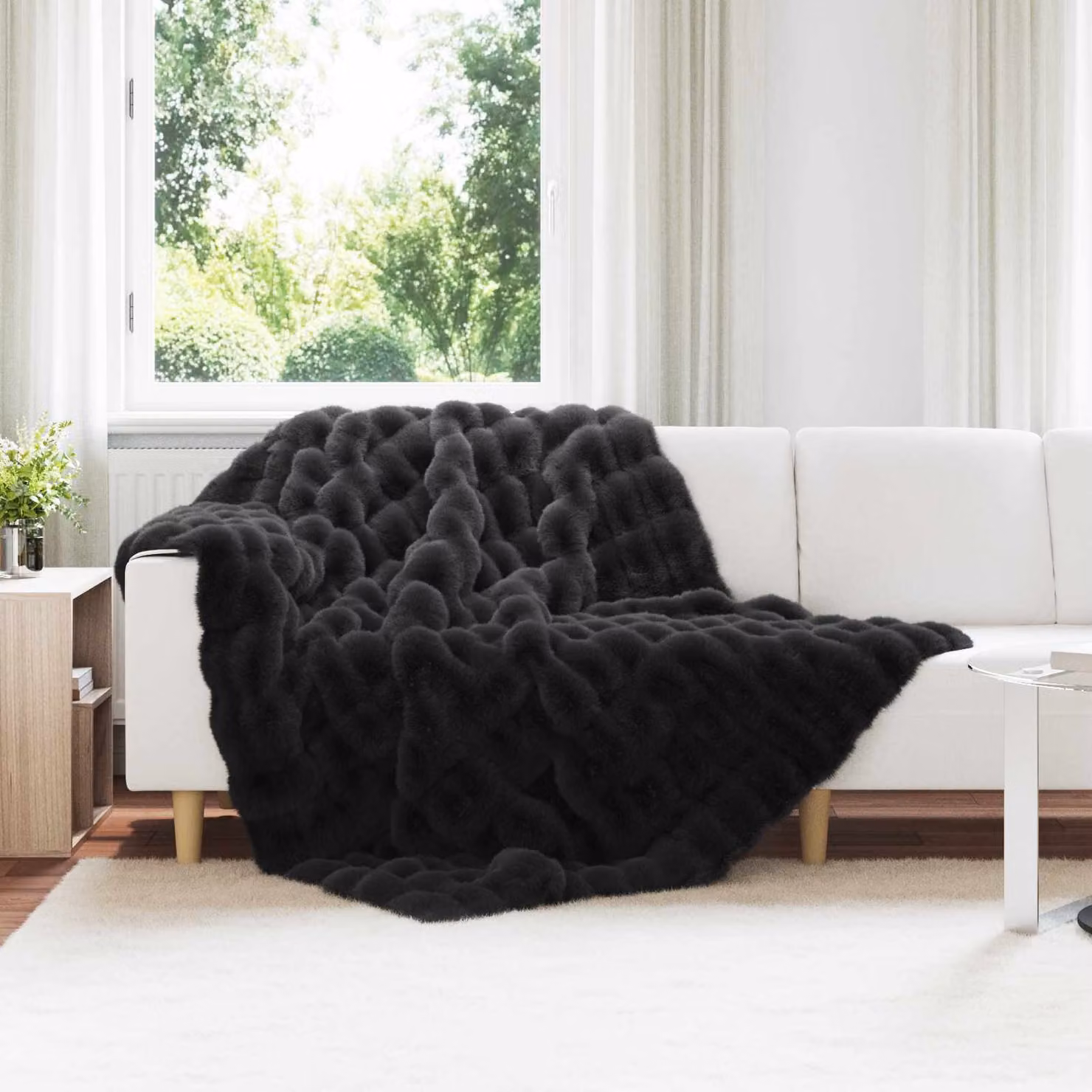 Coperta antiscivolo vidaXL in ecopelliccia di coniglio nera, L 220 cm x P 150 cm