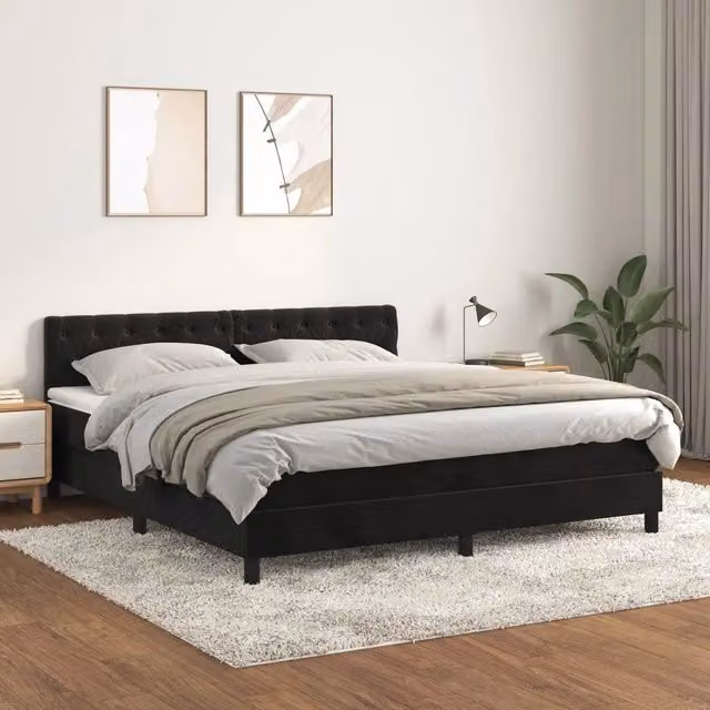 Letto Ibrido vidaXL con Giroletto a Molle e Materasso in Velluto Nero e Bianco L/P: 160 x 200 cm
