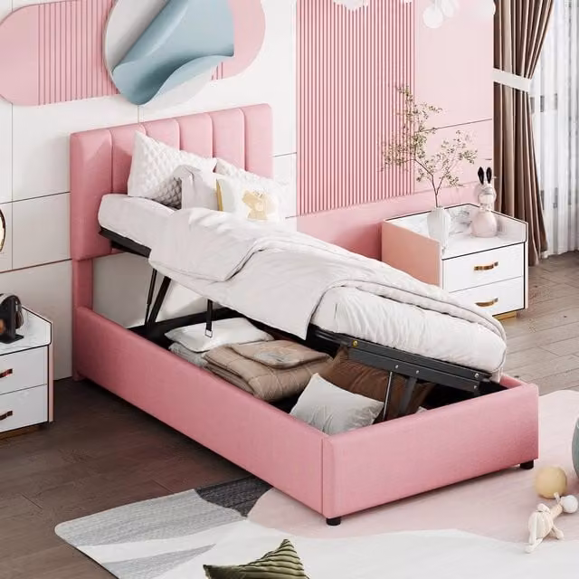Letto imbottito contenitore idraulico ¨C Minimal ¨C Rosa tessuto 90x200 cm