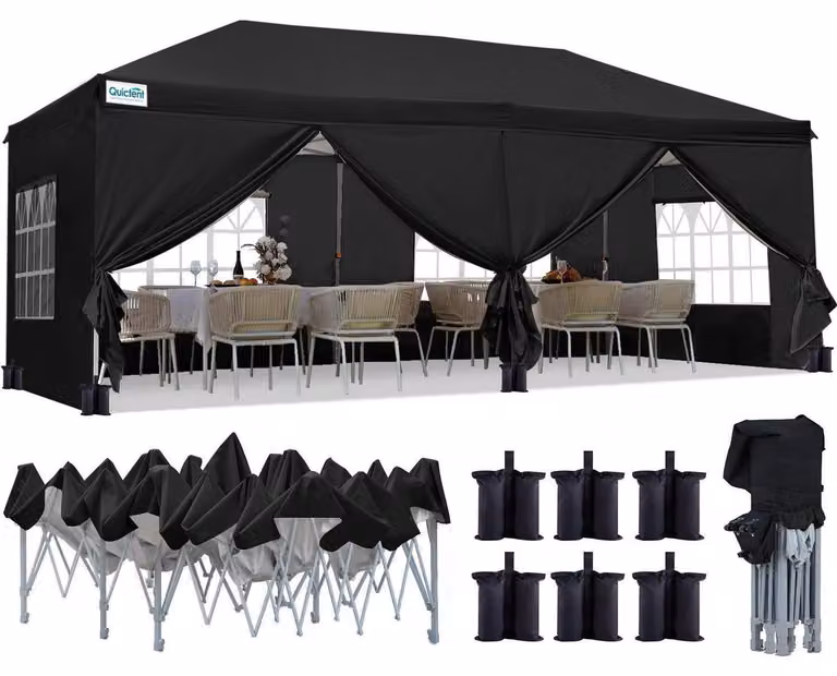Tenda da giardino 3x6 metri, impermeabile, con pareti laterali, protezione UV 50+, struttura in acciaio, colore nero
