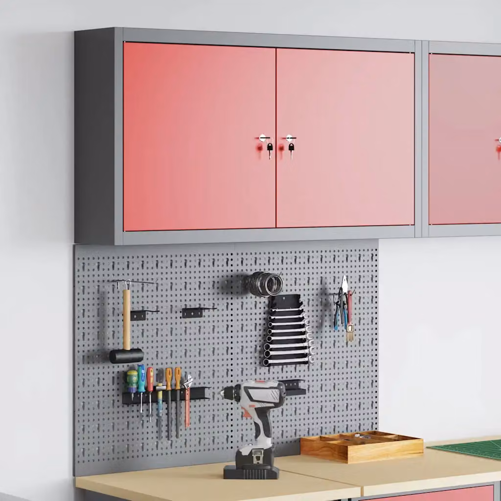 Set di 3 armadi per attrezzi vidaXL in acciaio con scaffale, montabili a parete e chiudibili, Rosso e Grigio