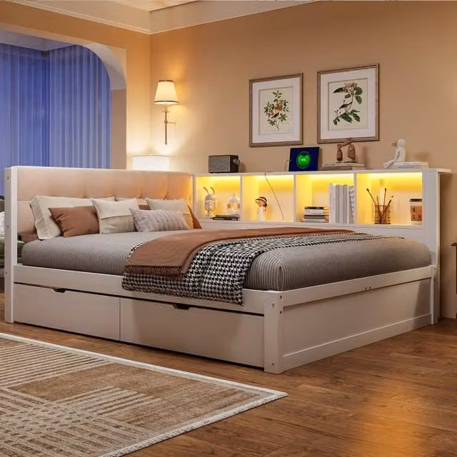 Letto singolo con cassetti e LED ¨C Minimal ¨C Bianco pino massello 140x200cm