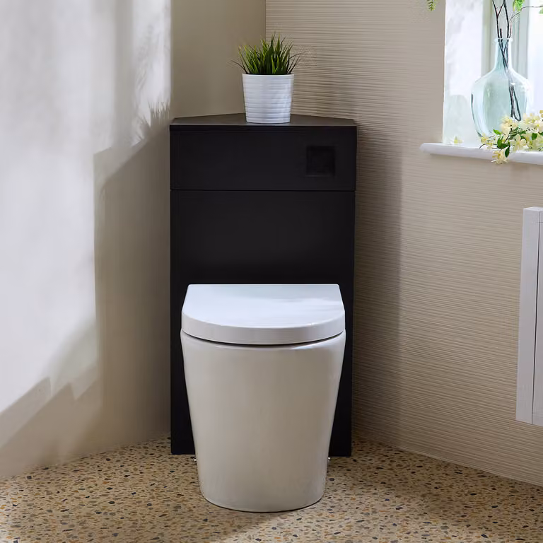 Unità WC Angolare per WC in Nero Grigio con Sanitario Alswear - con Pulsante di Scarico Nero - Cluo
