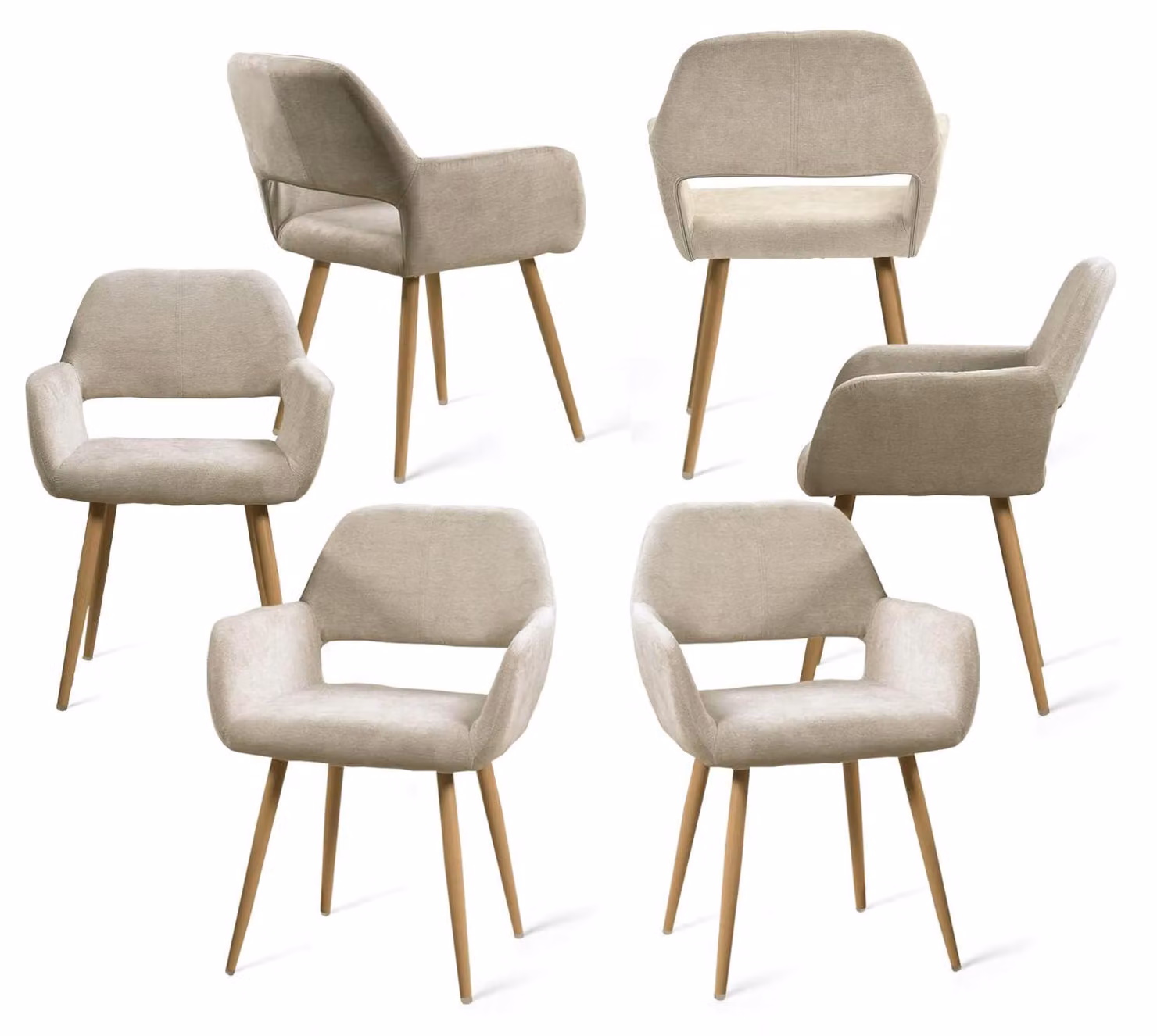 Set di 6 sedie da pranzo, imbottite, con braccioli, rivestite in tessuto beige, dimensioni 56x56x78 cm