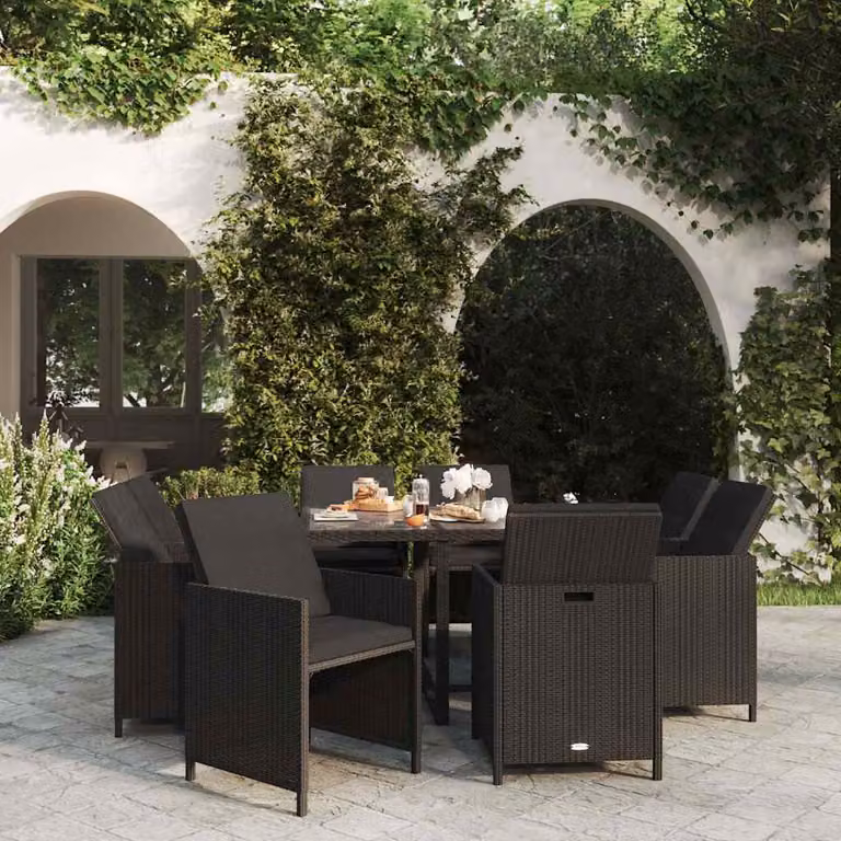 Set da pranzo da giardino vidaXL in polyrattan nero con 9 pezzi e cuscini