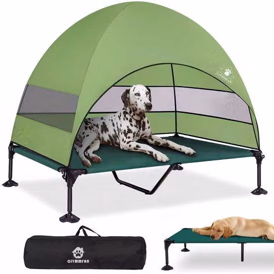 Cuccia rialzata per cani con ombrellone, zona riposo rialzata per esterni con piedini antiscivolo, accessorio leggero con ombra su tre lati, cuscino per cani ideale per le avventure, gli spazi esterni, le località balneari e i parchi acquatici