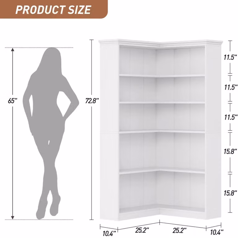 Libreria angolare a forma di L - Libreria a 5 ripiani in legno - Alto spazio aperto per riporre oggetti, altezza 185 cm - Stile rustico - Bianco