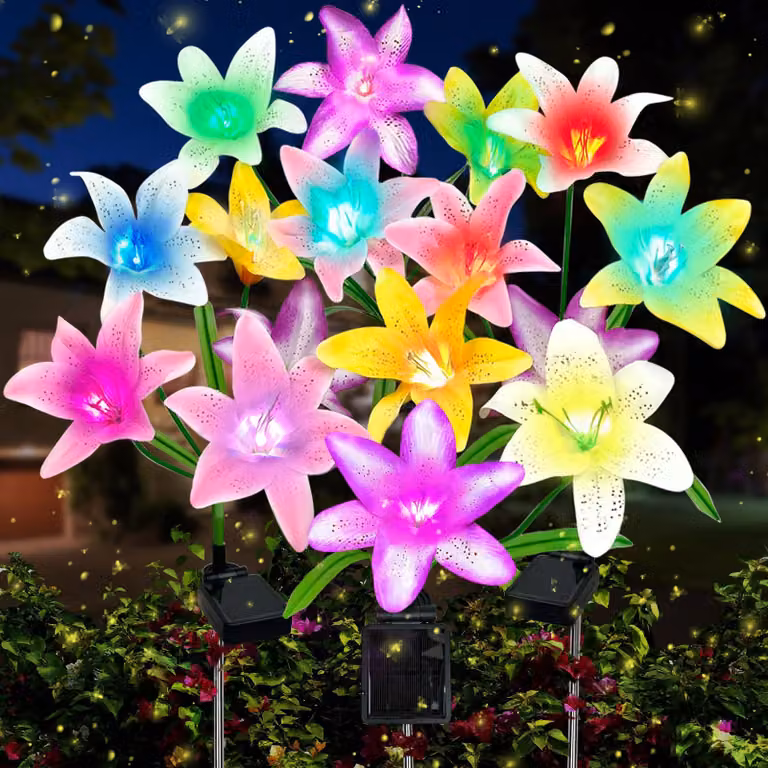 Set di 4 luci a forma di giglio solare, con 16 LED, 7 cambi di colore, grado di protezione IP65