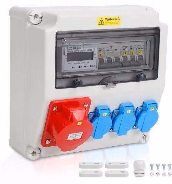 Adattatore tripolare da parete IP44 per montaggio a parete; presa a muro per il settore edile; interruttore 1x32 A, 3x230 V con contatore trifase