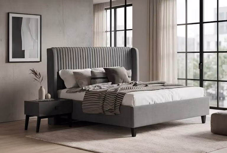 Set per camera da letto: letto, 2 comodini, colore nero, design moderno, confortevole, in legno