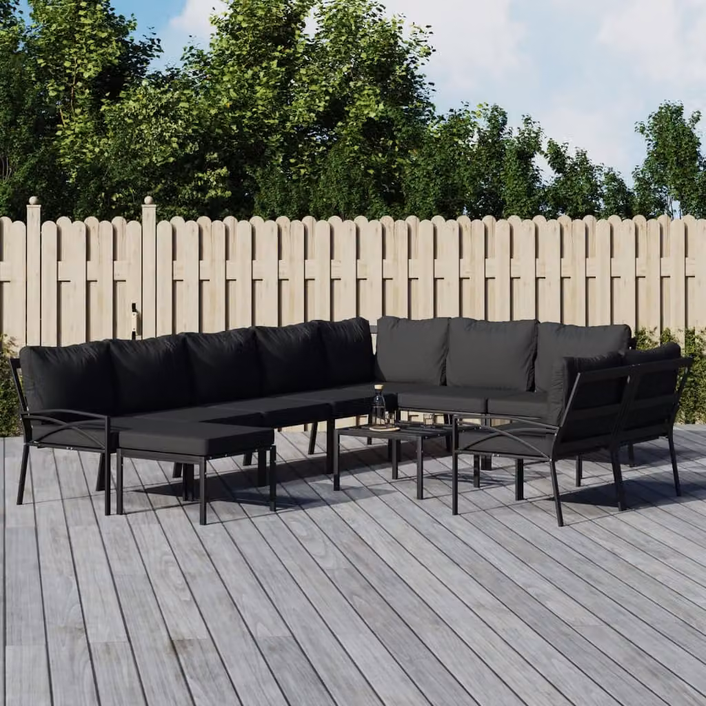 Set di mobili da giardino vidaXL composto da 11 pezzi in metallo nero con cuscini grigi per esterni e terrazzi