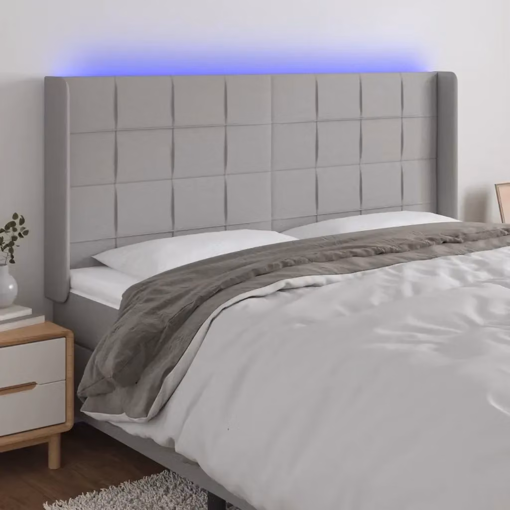 Testiera moderna in tessuto grigio con illuminazione LED integrata e porta di ricarica USB, L: 203 cm, P: 16 cm, H: 118/128 cm – 2