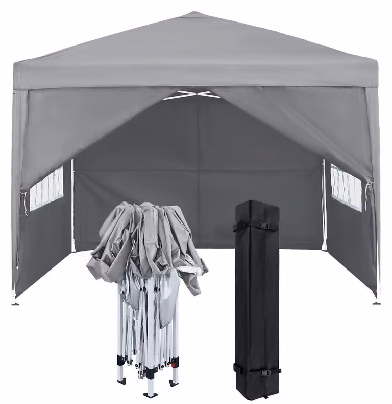 Gazebo da esterno 3x3 metri con pannelli laterali e finestre, colore grigio, realizzato in poliestere, impermeabile e con protezione UV