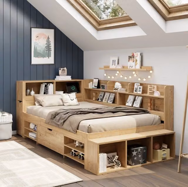 Letto per bambini 90x200 cm con cassetti; scaffali e contenitori in multistrato colore naturale