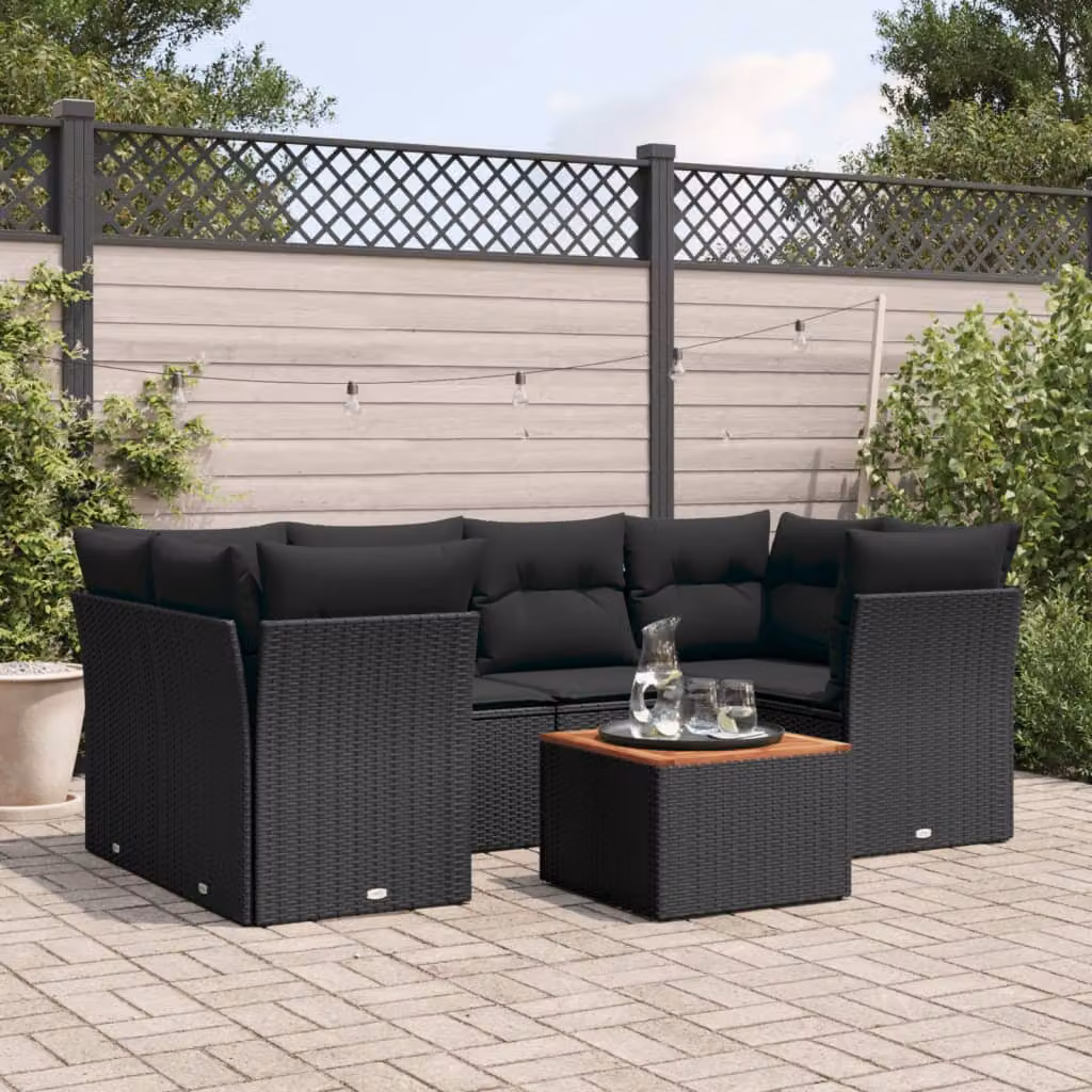 Set di Divani da Giardino vidaXL a Forma di L con Cuscini e Tavolino, 7 Pezzi, Polyrattan Nero e Legno di Acacia – 1