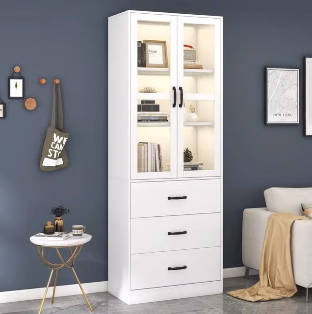 Vetrina bianca 200 cm con 3 cassetti; 2 ante; ripiani regolabili e LED; in MDF