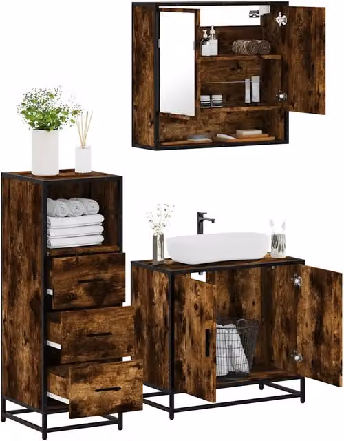 Set Mobili da Bagno 3 pz Rovere Fumo in Legno Multistrato 3301037