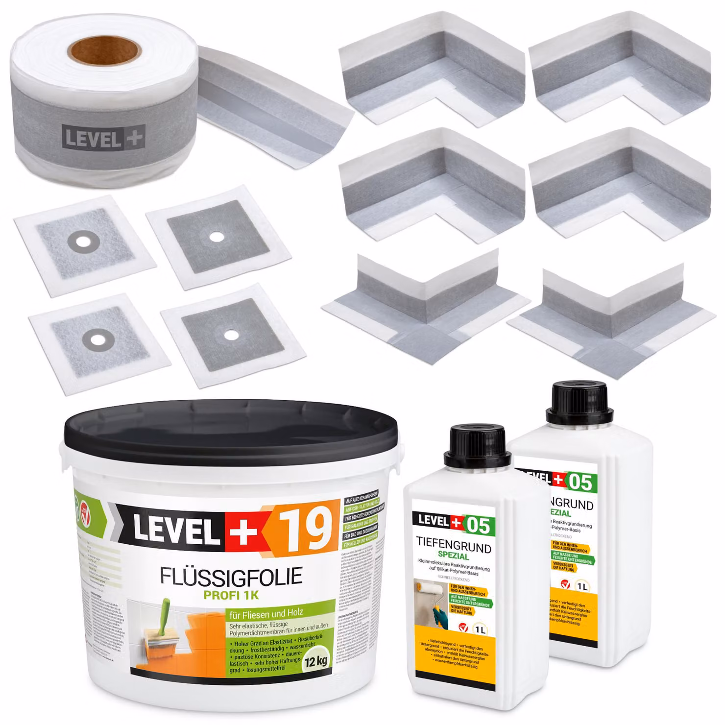 Set impermeabilizzante: Membrana liquida 12 kg, Nastro 20 m, Primer 2 L, Manicotti, Angoli, Bagno LEVEL+ SET521