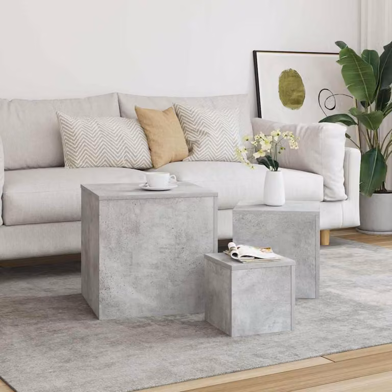 Set di 3 tavolini vidaXL in legno multistrato e composito, colore grigio cemento, design moderno e squadrato