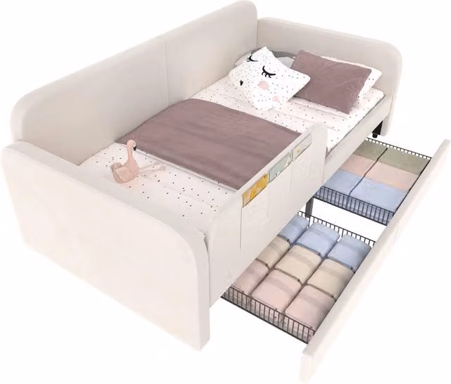 Letto imbottito singolo per bambini 90x200 cm in velluto bianco con contenitore; cassetti e tasche laterali