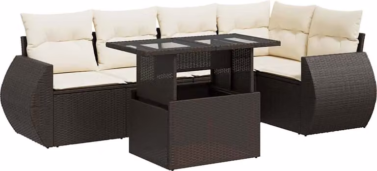 Set Divano da Giardino 6 pz con Cuscini Marrone in Polyrattan