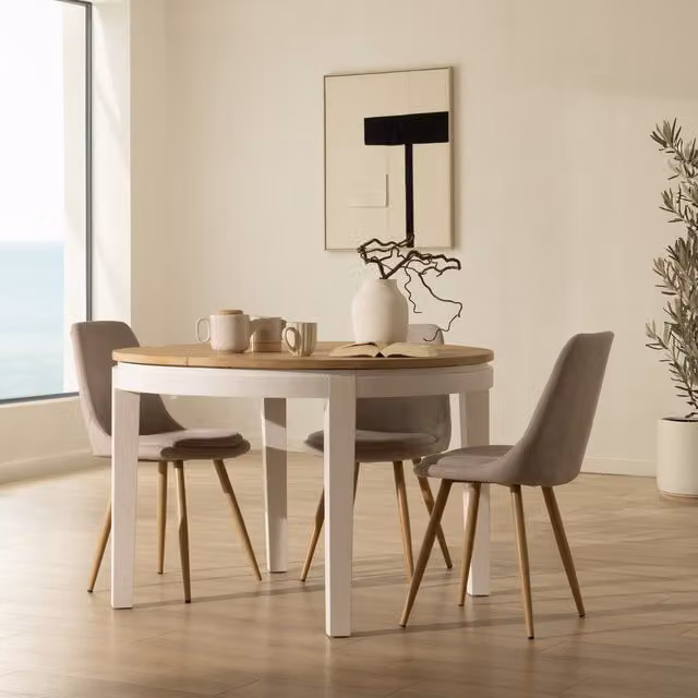 Tavolo da pranzo rotondo estensibile Banak in legno di acacia e bianco moderno L/P/H: 120/160 x 120 cm