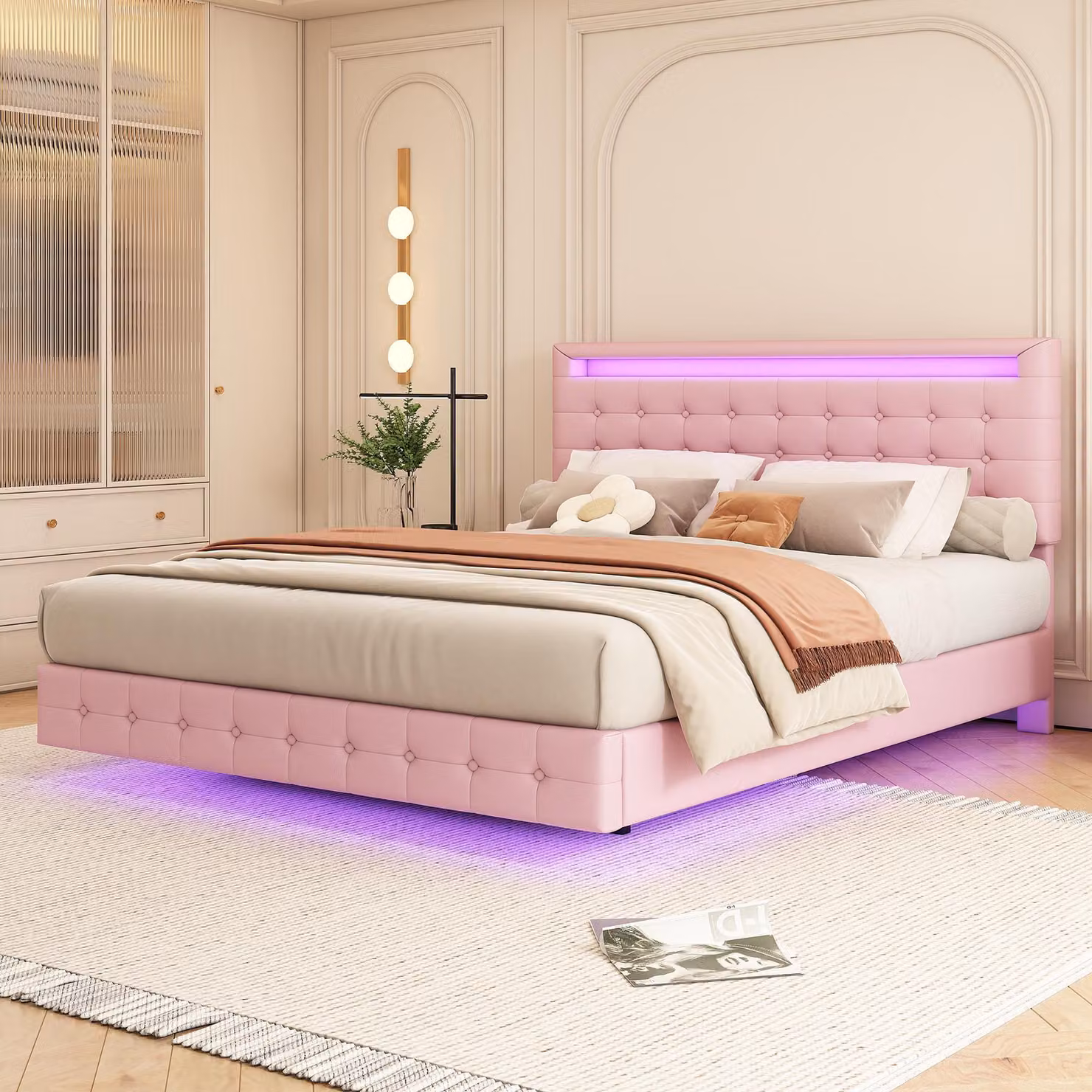 Letto imbottito STILVORA 140×200 cm, letto piatto con luce ambientale a LED, design fluttuante, regolazione dell'altezza della testiera in tre posizioni, rosa