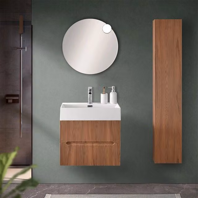 Mobile bagno sospeso Bali noce canaletto con ante a listelli e cassetti soft close L: 60 cm