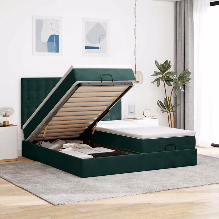 Letto con contenitore a sollevamento vidaXL in velluto verde con materasso L: 180 cm, P: 200 cm, H: 128 cm