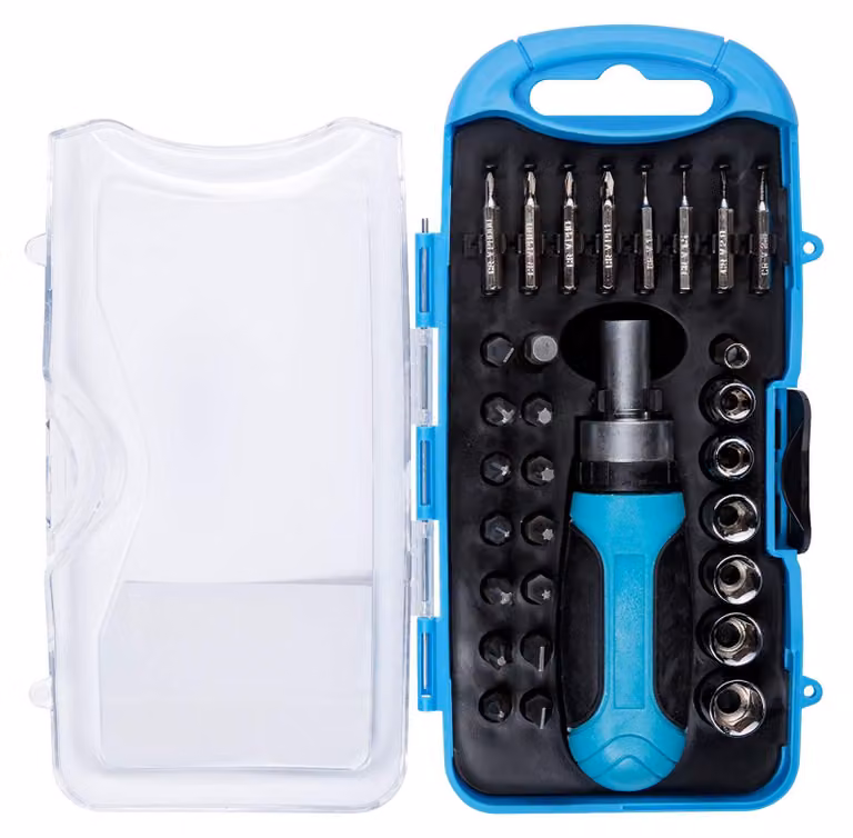 BlueSpot Tools 12623: Set di 30 pezzi composto da cacciaviti a rinvio, chiavi a bussola e chiavi a cricchetto