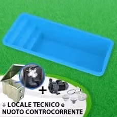 Piscina interrata in vetroresina GARDENIA+ con locale tecnico e nuoto controcorrente di PISCINE ITALIA, disponibile nei colori blu, sabbia o grigio