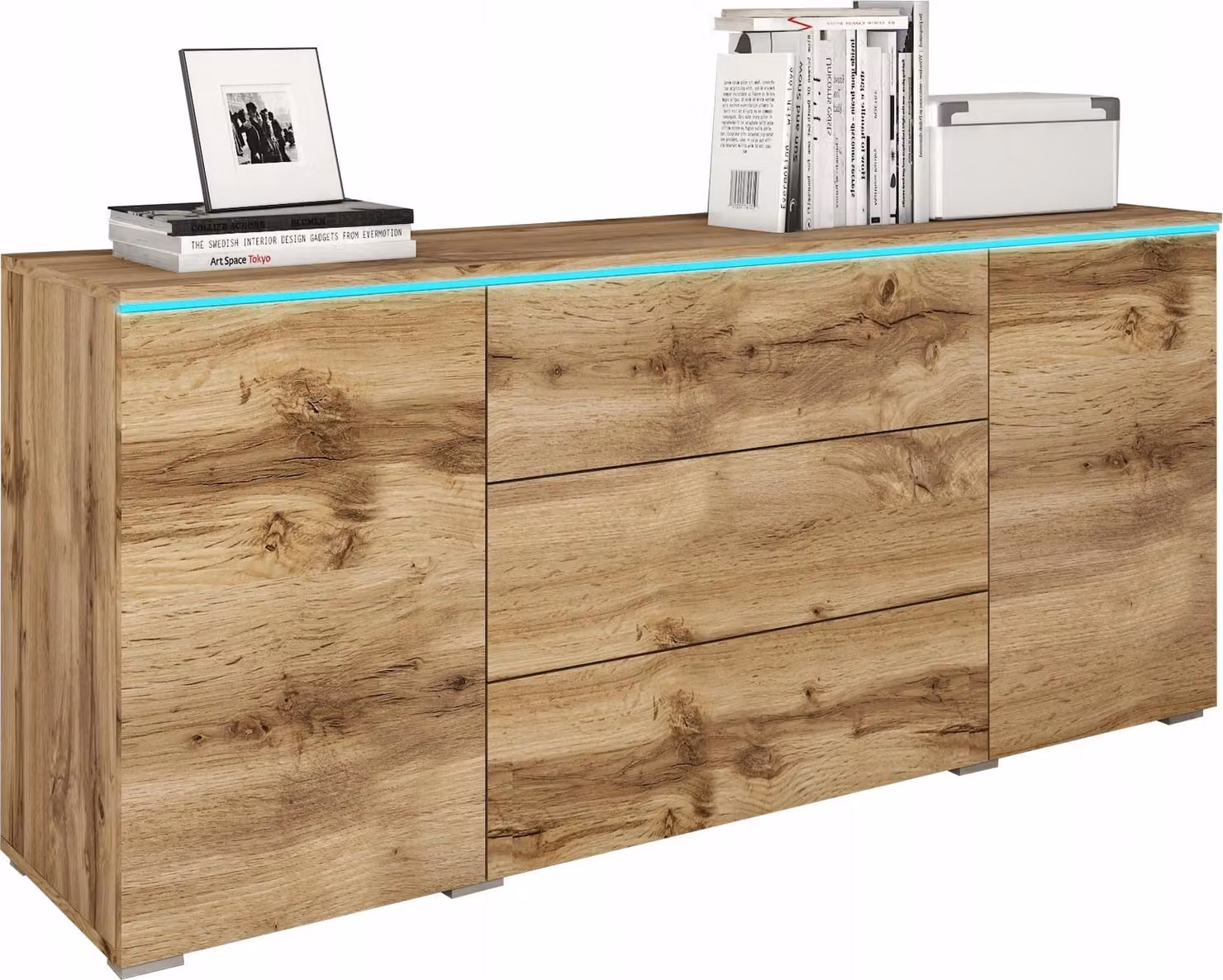 Comò da salotto, 150 cm, con 3 cassetti e 2 ante, finitura wotan opaca, con illuminazione LED
