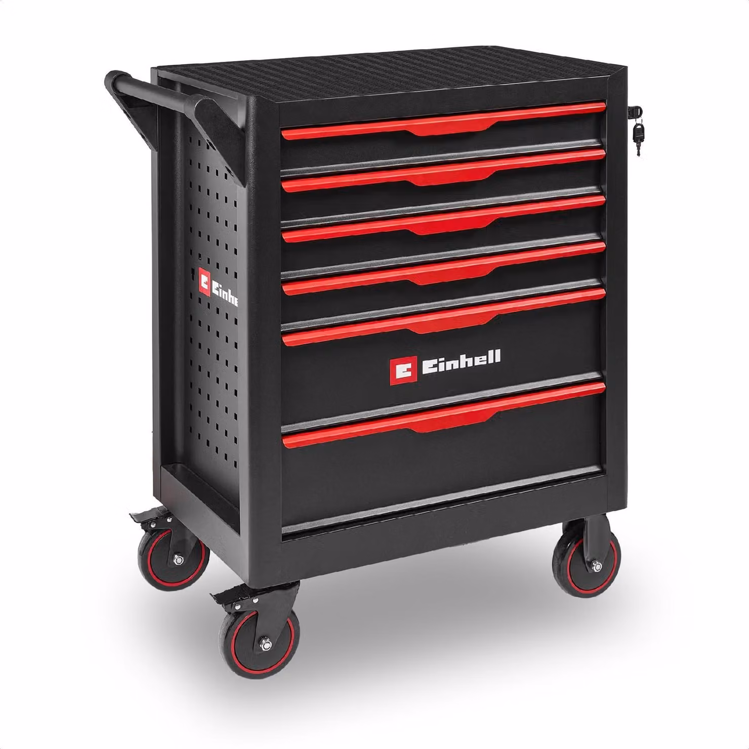 Carrello da officina originale Einhell vuoto (6 cassetti, sistema di interblocco, guide a sfera, portata fino a 135 kg, mobile con rotelle di bloccaggio)