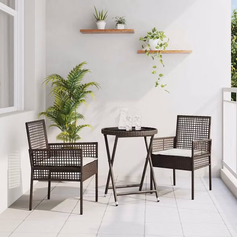 Set Bistro da Giardino vidaXL in Polyrattan Marrone e Beige con Piano in Vetro, 3 Pezzi