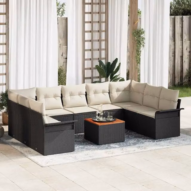 Set Divano da Giardino 10 pz 9-Numero di posti Nero e Crema 3356038