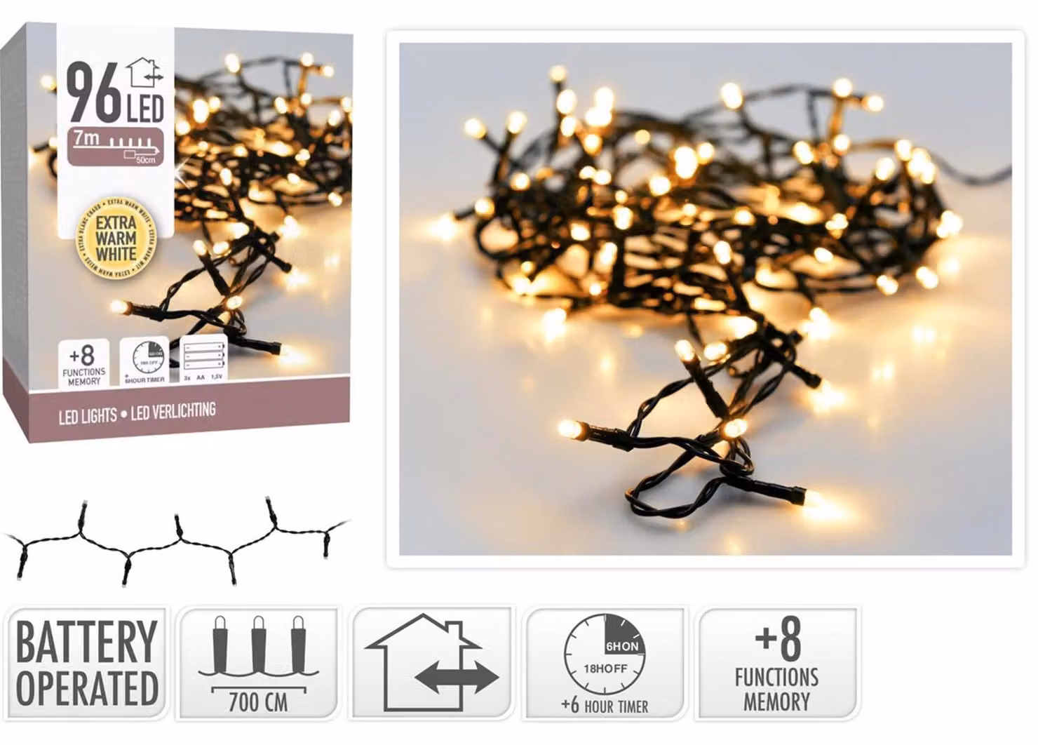 Luci natalizie a batteria da 96 LED, bianco caldo