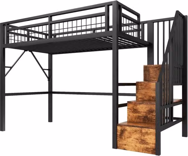 Letto a soppalco 90x200 cm con struttura in ferro, LED integrati e scaletta con contenitori, senza materasso, nero