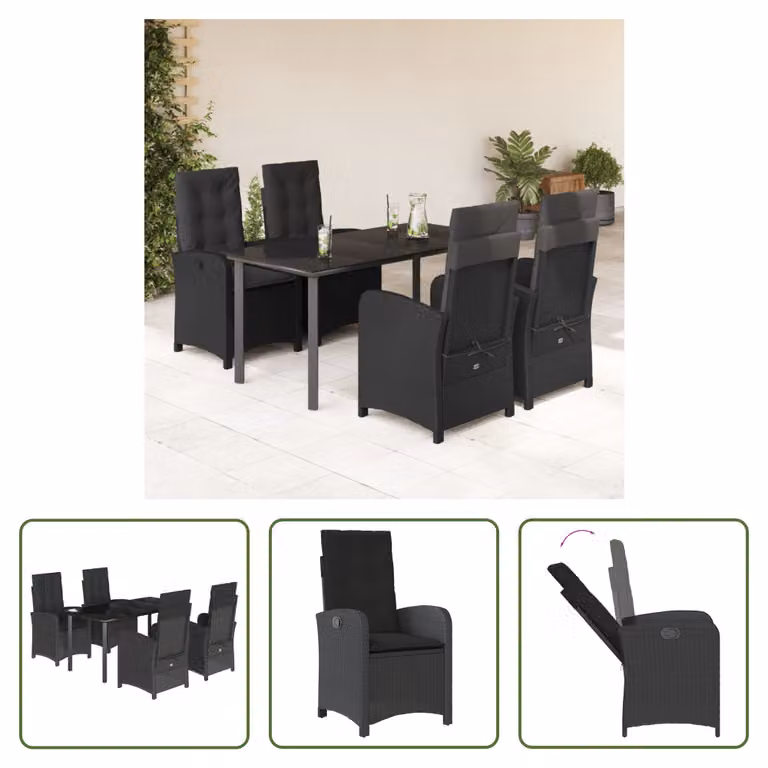 The Living Store Set da pranzo da giardino 5 pezzi con cuscini in poly rattan nero