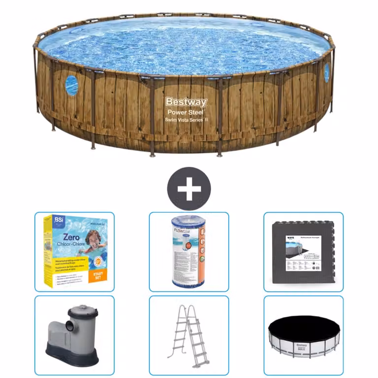 Piscina Bestway Round Power Steel Swim Vista - stampa su legno - 549 x 122 - compresa pompa - scaletta - copertura pacchetto manutenzione - filtro - piastrelle per pavimento