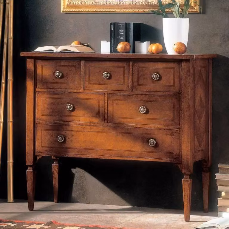Cassettiera classica con 6 cassetti in legno intarsiato Mobili 2G L: 100 cm, P: 40 cm, H: 87 cm