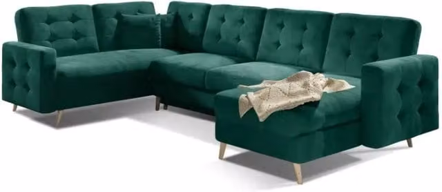 Divano ad angolo panoramico reversibile MEUBLORAMA HASGARD in velluto verde, con funzione letto, L: 326 cm, P: 202 cm