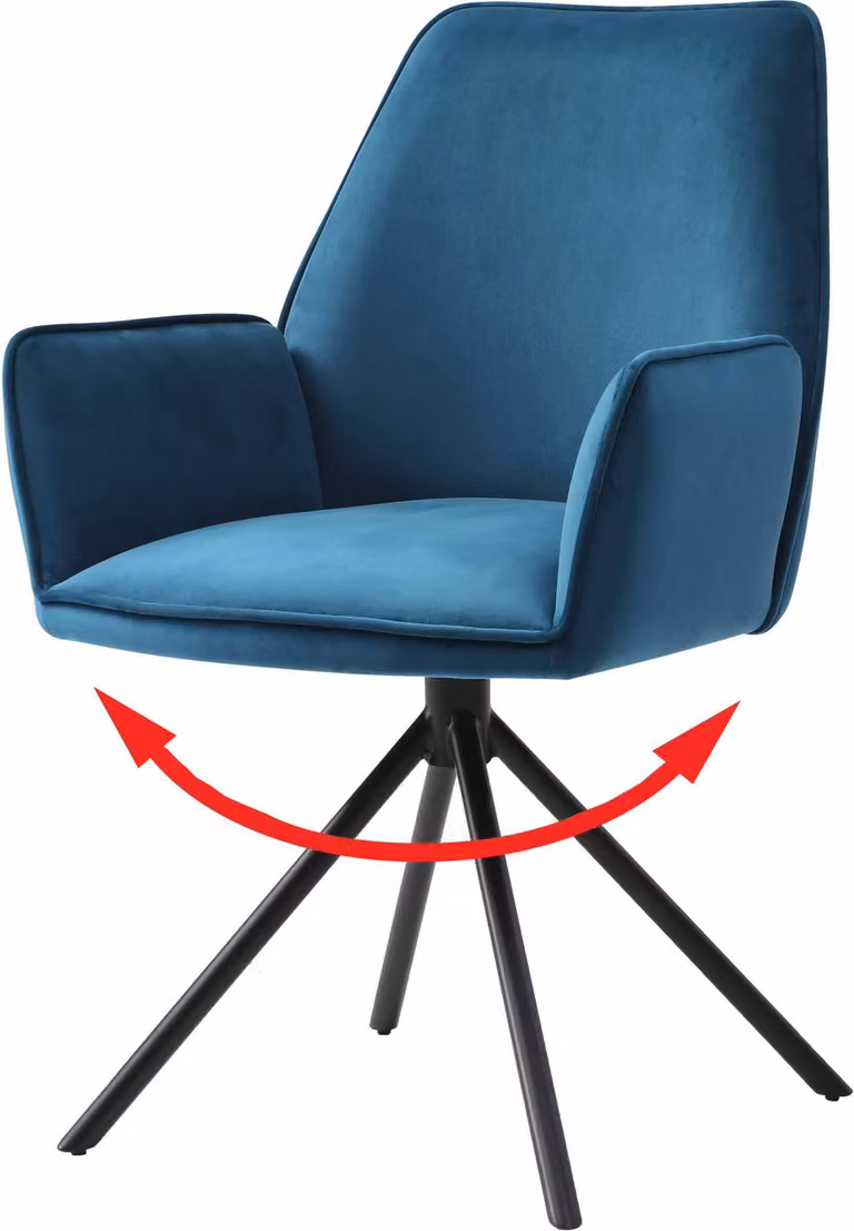 Sedia da sala da pranzo MCW-G67, sedia da cucina con braccioli, girevole con posizione automatica, velluto MVG ~ blu turchese, gambe nere