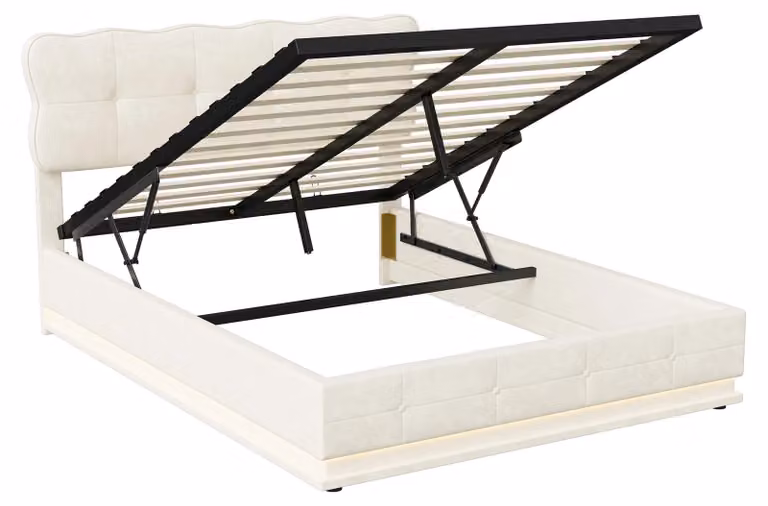 Letto matrimoniale - Letto imbottito - Letto contenitore - Letto con LED - Letto con sistema idraulico - 160 x 200 cm